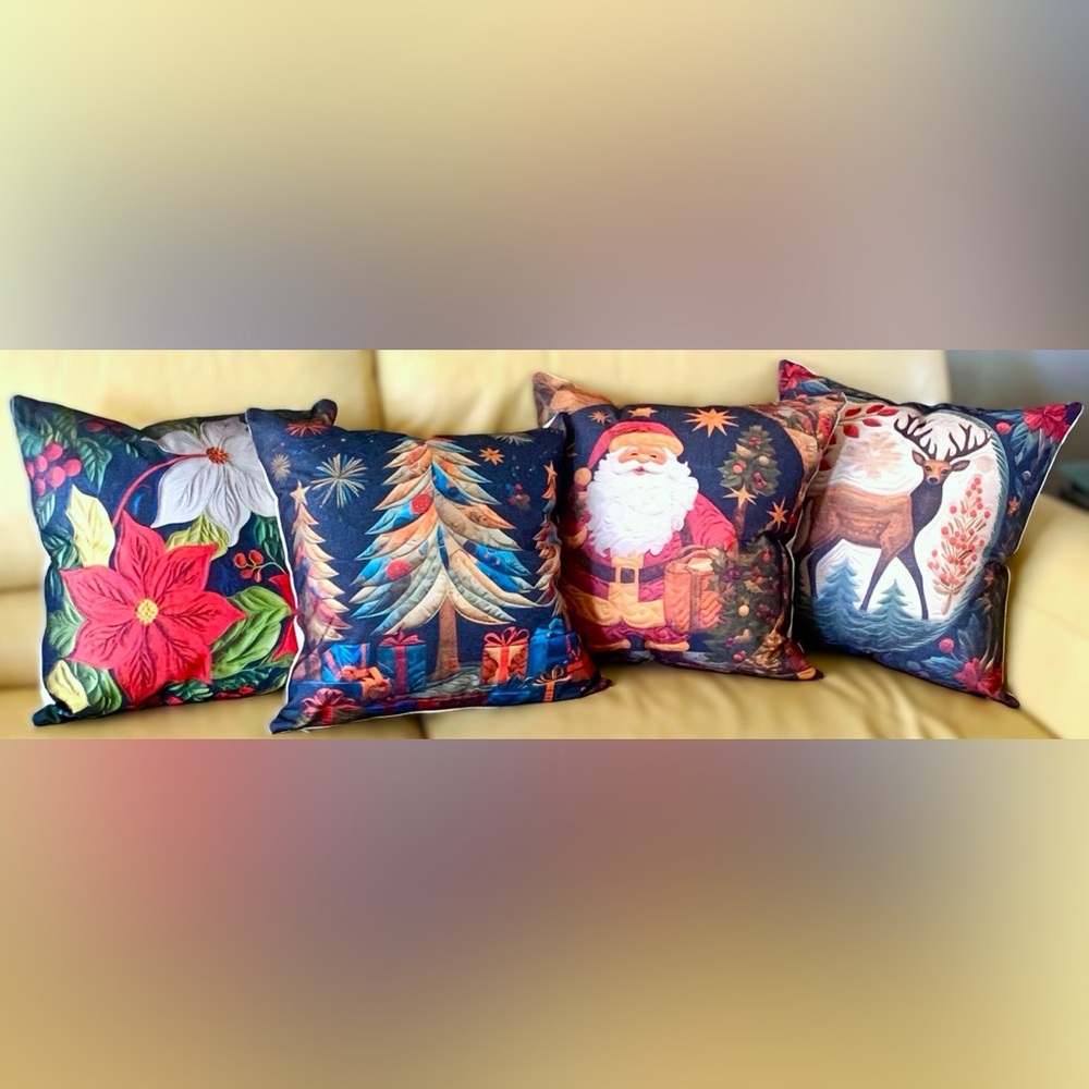 18" Rustic Christmas Quilted-Look Poinsettia Santa Deer Tree Pillow Covers New